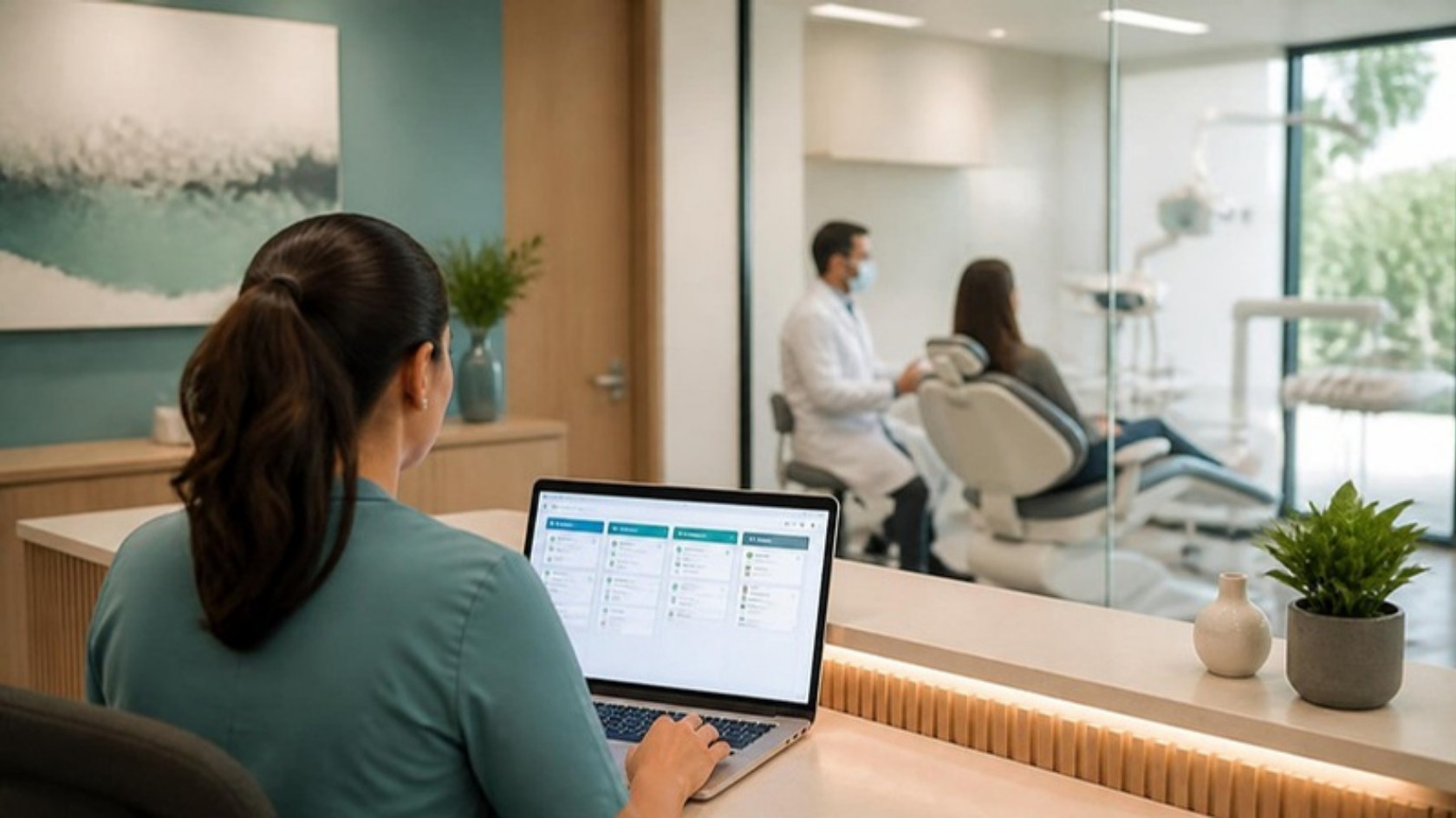 Recepção de uma clínica dentária com o funil comercial no portátil e a sala clínica ao fundo