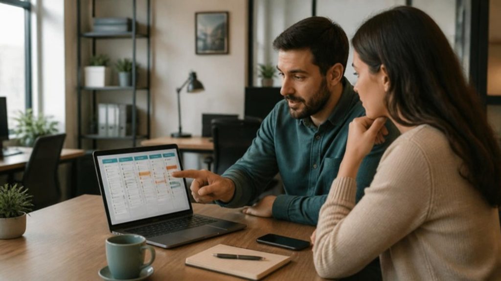 Duas pessoas numa PME a analisar o funil de vendas do Pipedrive num portátil
