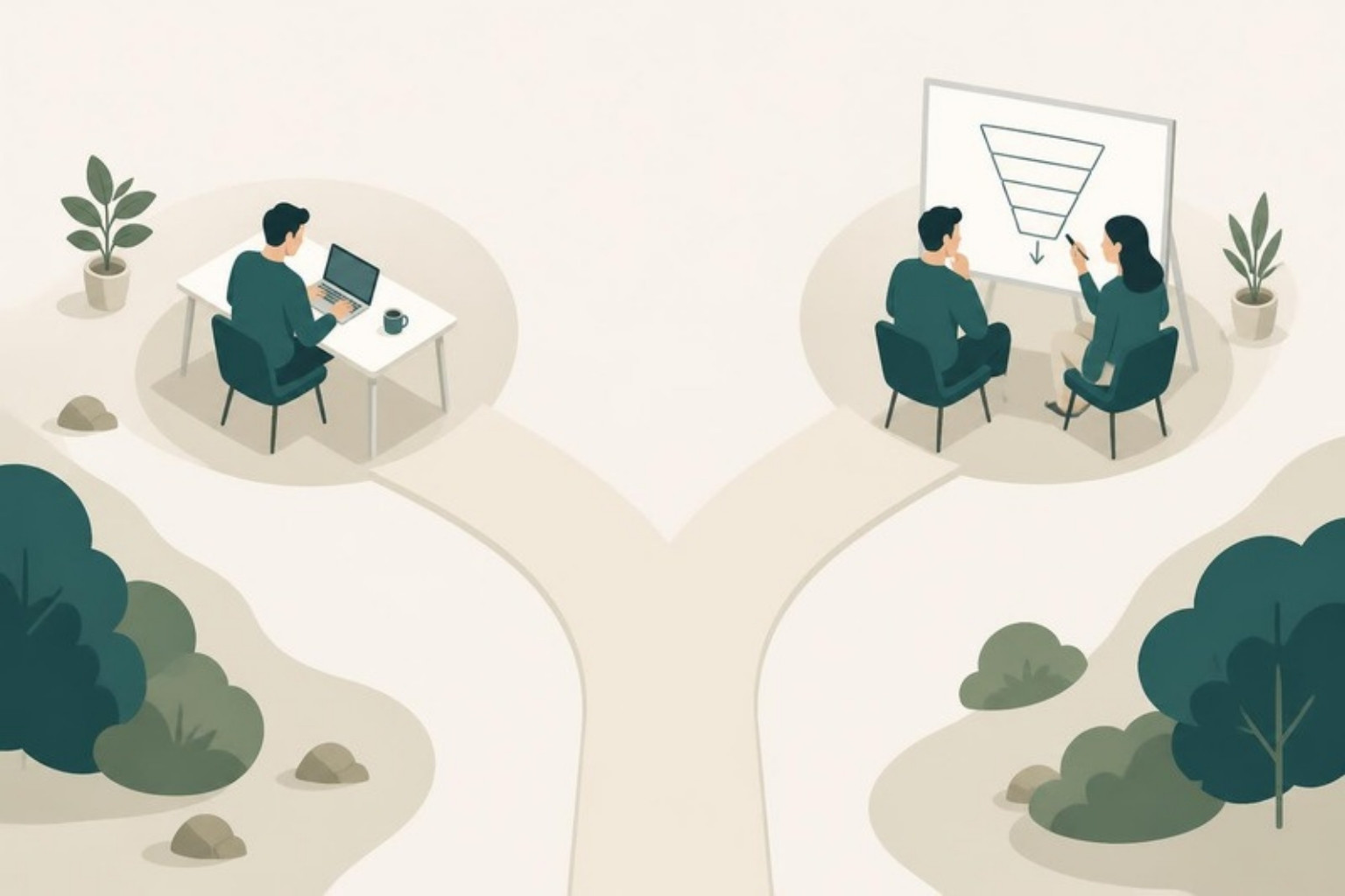 Ilustração de um caminho que se divide: configurar o Pipedrive sozinho ou implementar com um parceiro